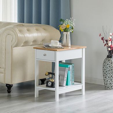 White End Or Sofa Side Table With Wooden Drawer And Shelf For Entryway, Living Room, And Bedroom
