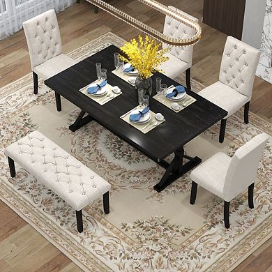 6-piece Farmhouse Dining Table Set 72" Wood Rectangular Table, 4 Upholstered Chairs With Bench