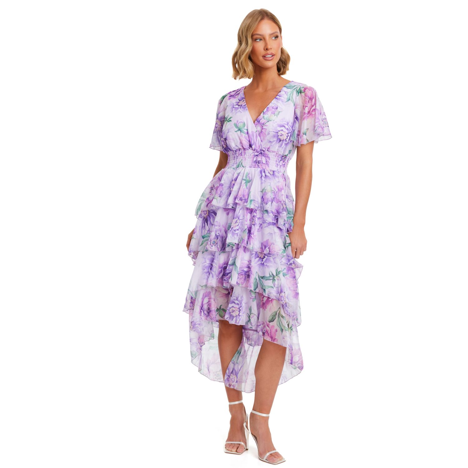 Quiz Women's Chiffon Floral Tiered Dip Hem Dress