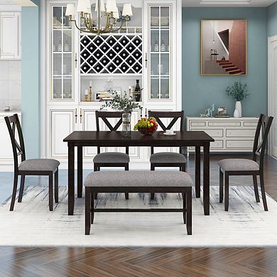 6-piece Kitchen Dining Table Set Wooden Rectangular Dining Table, 4 Fabric Chairs And Bench