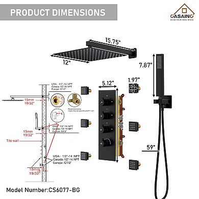 12" Wall Mounted Luxury Shower System Set With 6 Body Jets