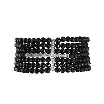 Athra NJ Inc Sterling Silver Cubic Zirconia Cross Black Onyx Beaded Stretch Bracelet