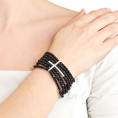 Athra NJ Inc Sterling Silver Cubic Zirconia Cross Black Onyx Beaded Stretch Bracelet