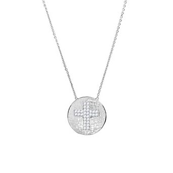 Athra NJ Inc Sterling Silver Hammered Plate with Cubic Zirconia Cross Necklace