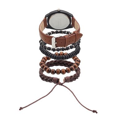 American Exchange Men's Brown Analog Watch & 4-pc Stackable Bracelet Set