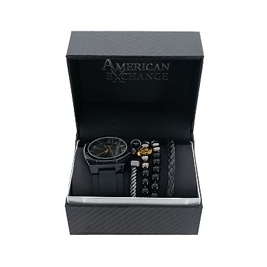 American Exchange Men's Black Analog Watch & 4-pc Stackable Bracelet Set