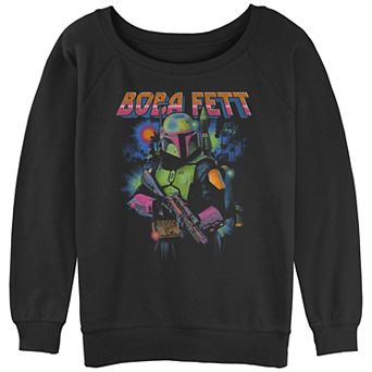 Juniors' The Mandalorian Boba Fett Glowing In The Dark Slouchy Terry Graphic Pullover