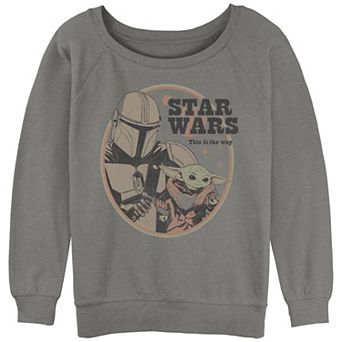 Juniors' The Mandalorian Mando And Grogu Stamp Slouchy Terry Graphic Pullover