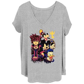 Juniors' Plus Size Kingdom Hearts Battle Group V-Neck Graphic Tee