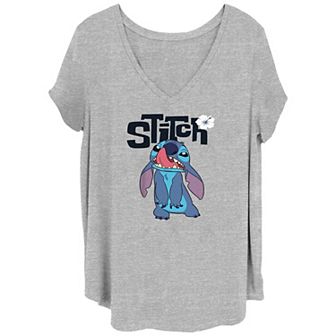 Disney's Lilo & Stitch Juniors' Plus Size Silly Face Stitch V-Neck Graphic Tee
