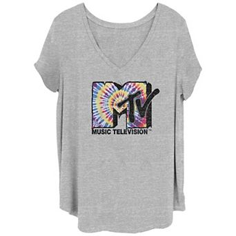 Juniors' Plus Size MTV Tie Dye Print Logo V-Neck Graphic Tee