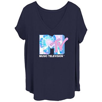 Juniors' Plus Size MTV Tie Dye Print Logo V-Neck Graphic Tee