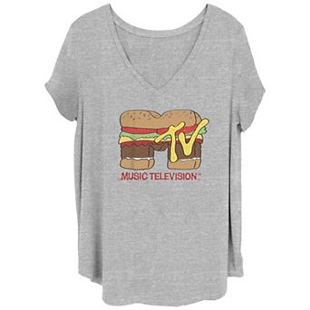 Juniors' Plus Size MTV Hamburger Logo V-Neck Graphic Tee