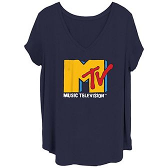 Juniors' Plus Size MTV Bright Colors Logo V-Neck Graphic Tee