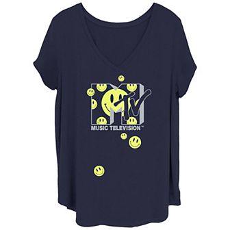 Juniors' Plus Size MTV Happy Face Logo V-Neck Graphic Tee