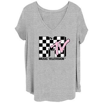 Juniors' Plus Size MTV Checkered Print Logo V-Neck Graphic Tee