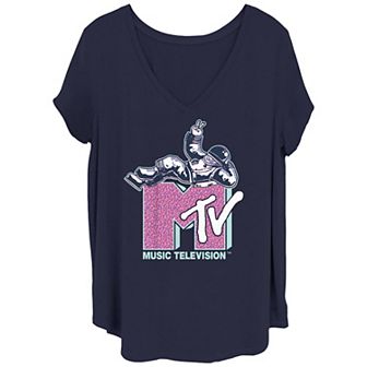 Juniors' Plus Size MTV Chillin' Astronaut Logo V-Neck Graphic Tee