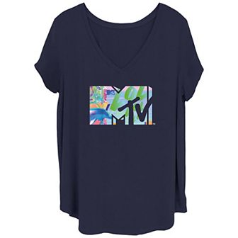 Juniors' Plus Size MTV Mixed Print Logo V-Neck Graphic Tee