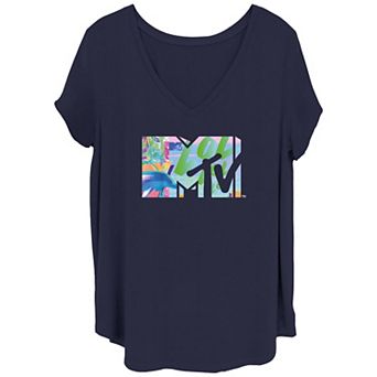 Juniors' Plus Size MTV Mixed Print Logo V-Neck Graphic Tee