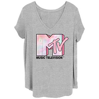 Juniors' Plus Size MTV Pink Tie Dye Print Logo V-Neck Graphic Tee