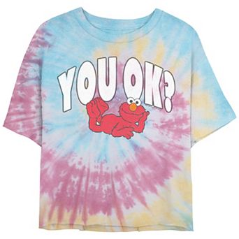 Juniors' Sesame Street Elmo You Ok? Crop Top Tie Dye Graphic Tee