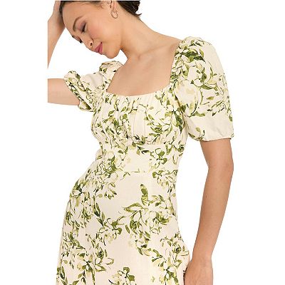 Women's London Times Puff Sleeve Empire Waist Midi Dress, Size: 16, Ivory Olive
