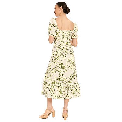 Women's London Times Puff Sleeve Empire Waist Midi Dress, Size: 16, Ivory Olive