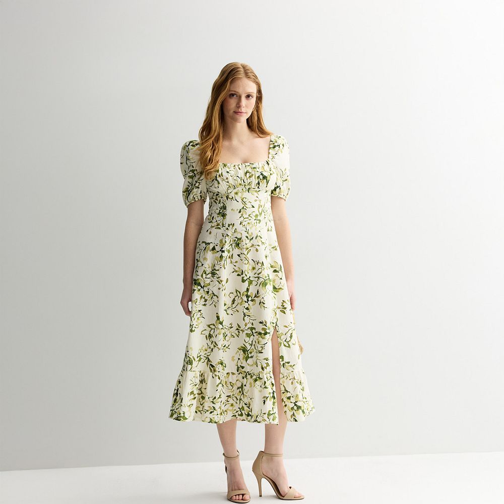 Women's London Times Puff Sleeve Empire Waist Midi Dress, Size: 16, Ivory Olive