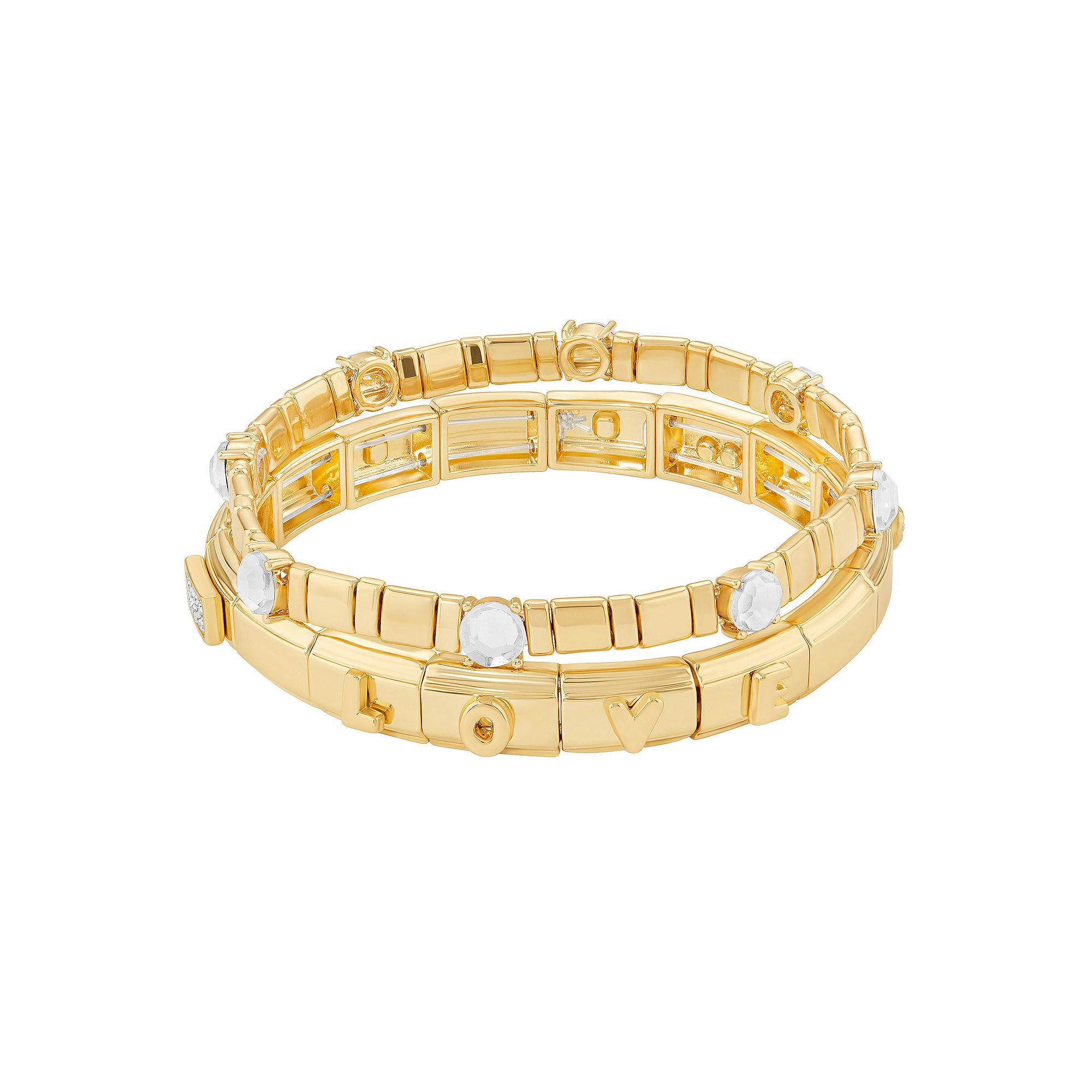 Brilliance Gold Tone Aqua Glass Stone Double Stretch Bracelet Duo Set, Wome