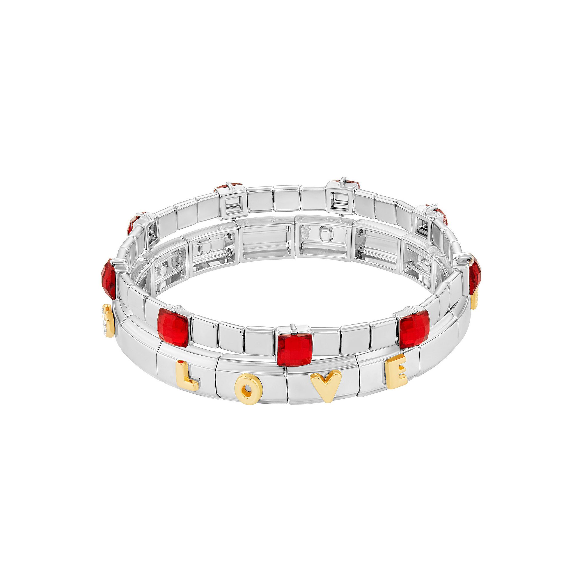 Brilliance Two Tone Red Glass Stone Double Stretch Bracelet Duo Set, Women