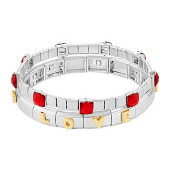 Brilliance Two Tone Red Glass Stone Double Stretch Bracelet Duo Set