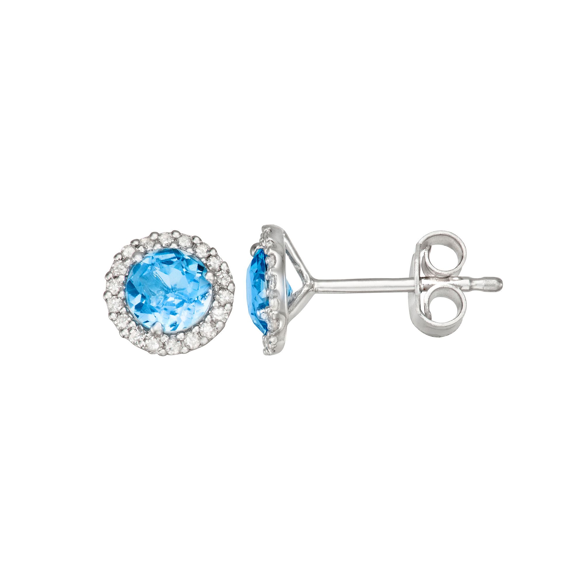 HDI 1/6 Carat T.W. Diamond & Blue Topaz Halo Stud Earrings, Womens, Sterli