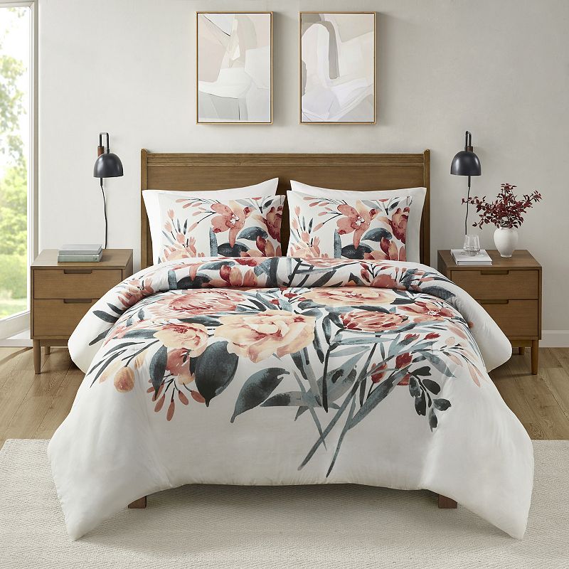 3pc King/California King Blossom Floral Duvet Cover Set Peach/Off-White - Madison Park: Lightweight, Mid-Century Modern Style