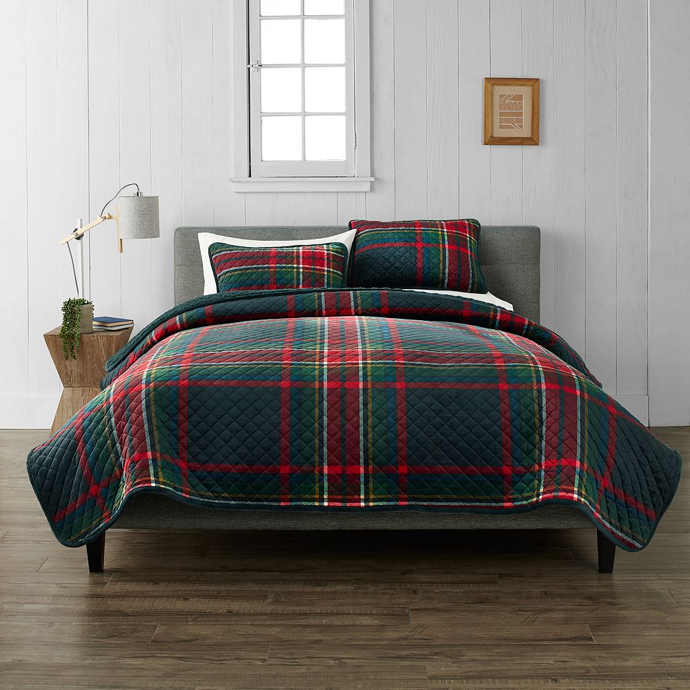 Cuddl Duds® Red Green Plaid Cozy Velvet Quilt Set