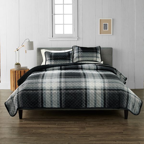 Cuddl Duds® Black White Plaid Cozy Velvet Quilt Set - Charcoal Plaid (KING/CK)