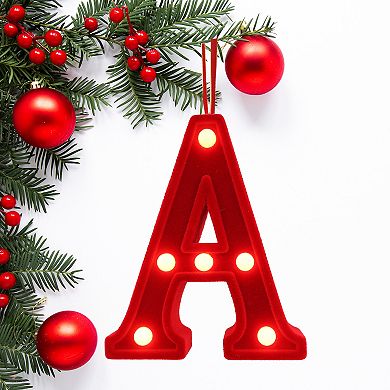 LED Lit Monogram Red Velvet Christmas Ornament