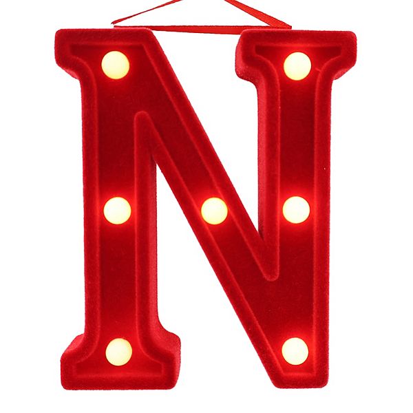 LED Lit Monogram Red Velvet Christmas Ornament - N