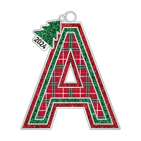 Plaid Block Monogram Christmas Ornament - A