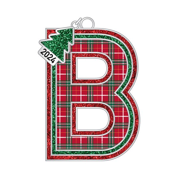 Plaid Block Monogram Christmas Ornament - B