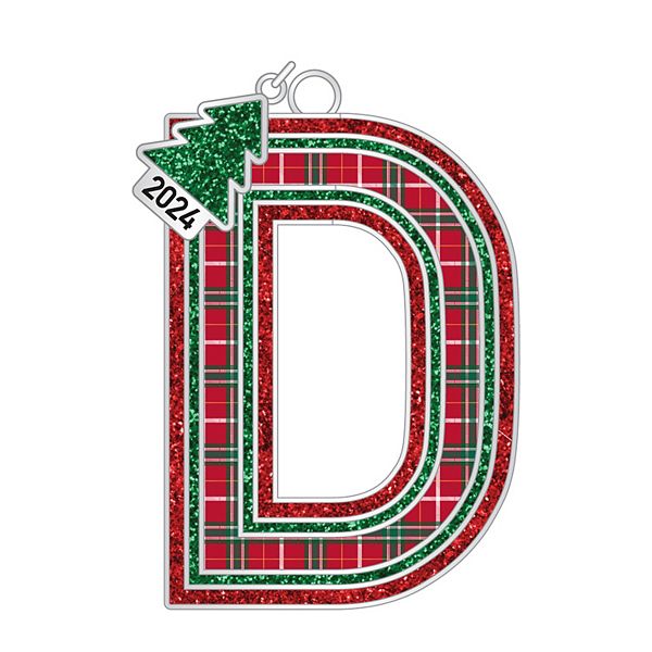 Plaid Block Monogram Christmas Ornament - D