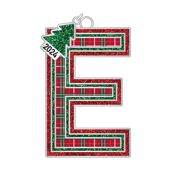 Plaid Block Monogram Christmas Ornament - E