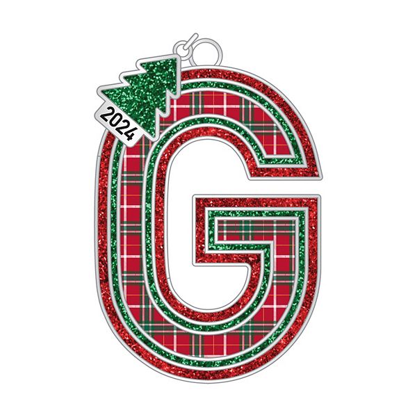 Plaid Block Monogram Christmas Ornament - G