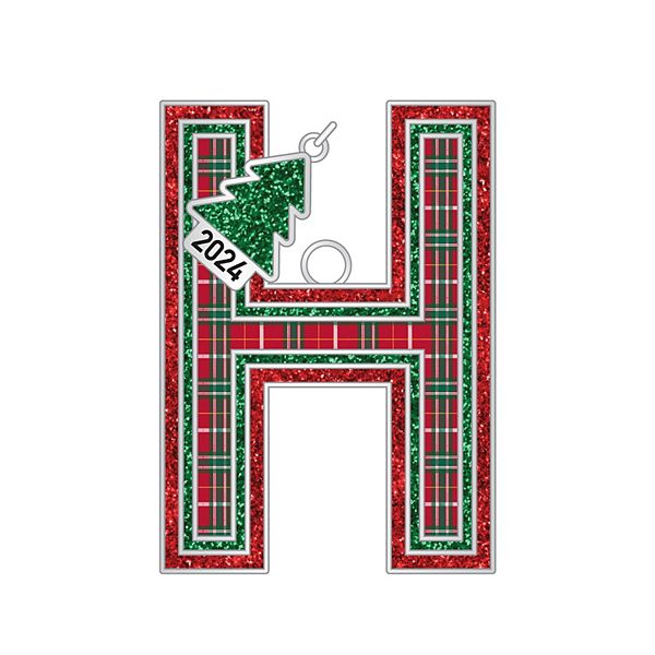 Plaid Block Monogram Christmas Ornament - H