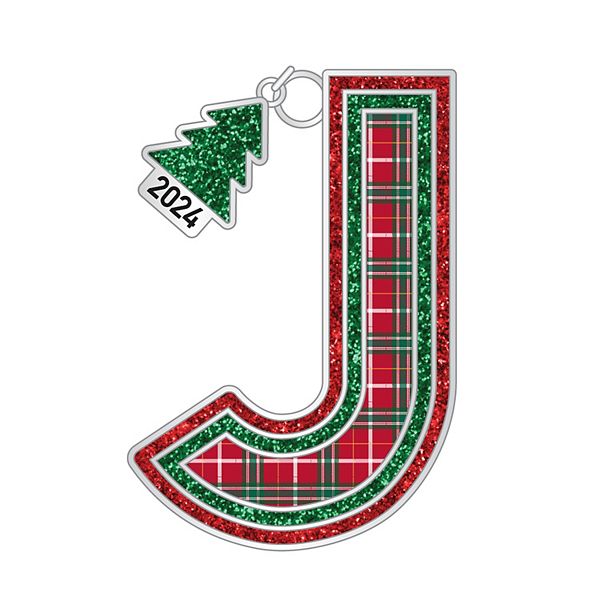 Plaid Block Monogram Christmas Ornament - J