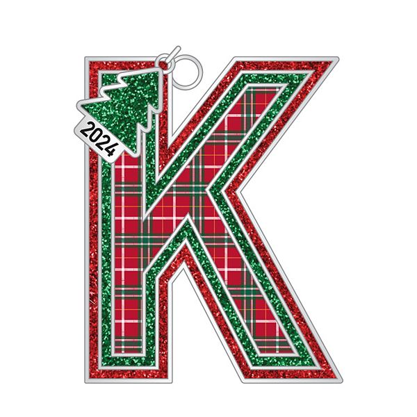 Plaid Block Monogram Christmas Ornament - K