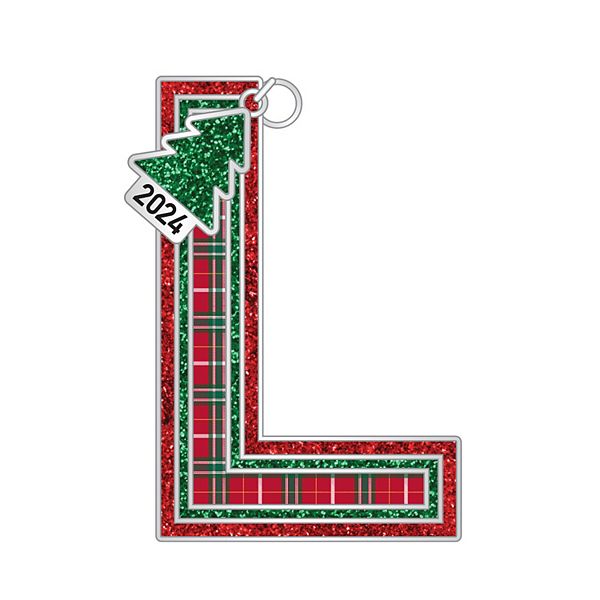 Plaid Block Monogram Christmas Ornament - L