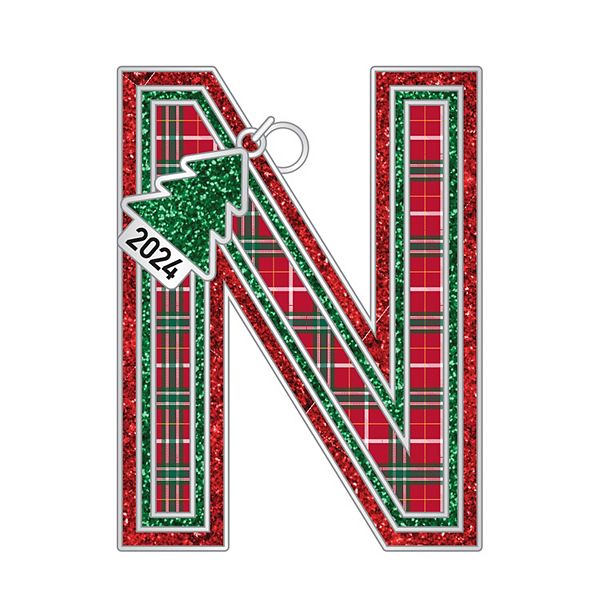 Plaid Block Monogram Christmas Ornament - N