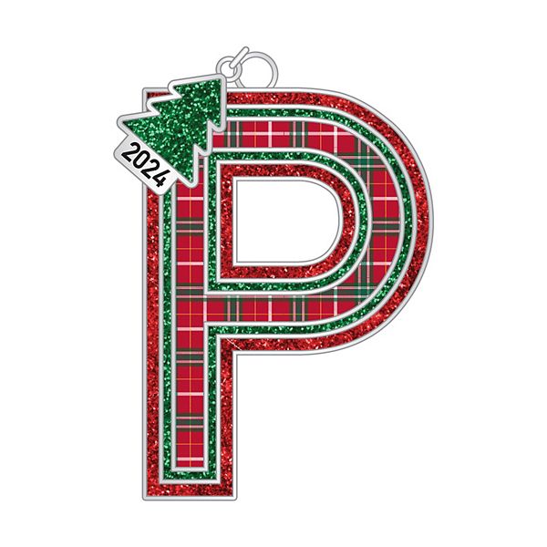 Plaid Block Monogram Christmas Ornament - P