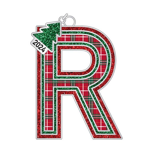 Plaid Block Monogram Christmas Ornament - R