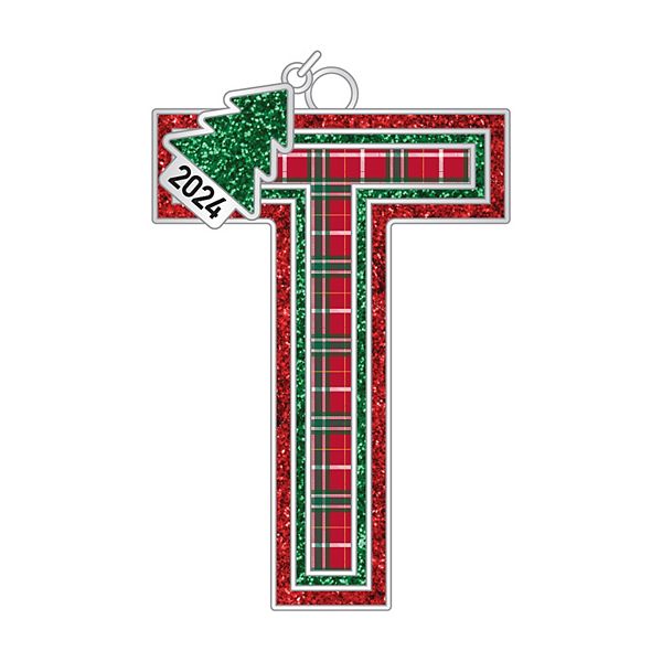 Plaid Block Monogram Christmas Ornament - T